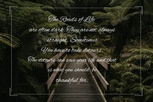 a background image-graphic of green trees and a bridge with a quote on top of the image